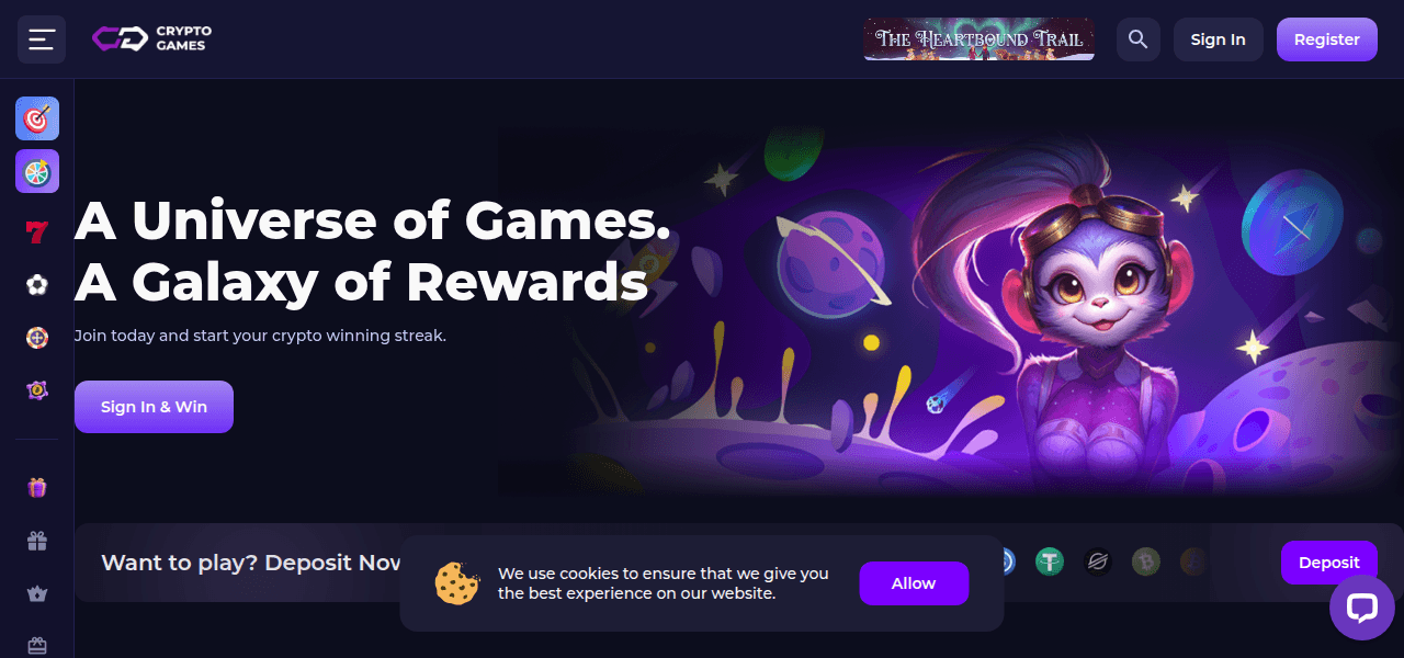 Zrzut ekranu strony głównej Crypto-Games prezentujący ofertę gier i design kasyna