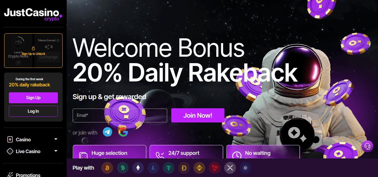 Zrzut ekranu strony głównej JustCasino z widokiem na ofertę gier i design