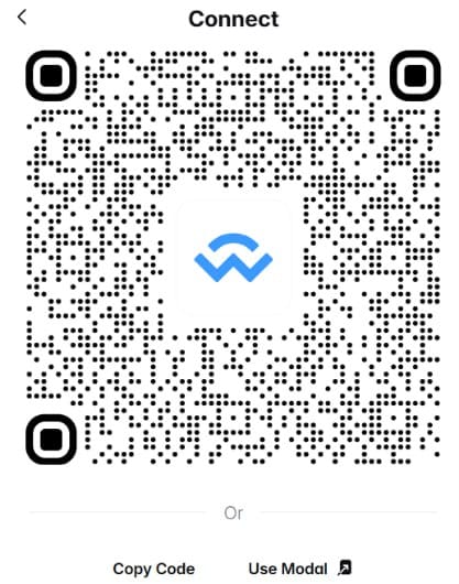 Kod QR wygenerowany przez WalletConnect, skanowany kompatybilnym portfelem kryptowalut w celu połączenia z usługą, z opcjami Copy Code i Use Modal.
