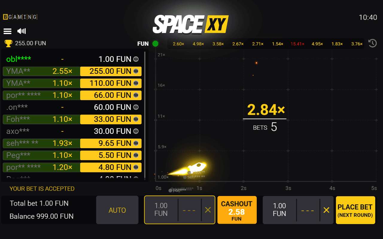 Zrzut ekranu z gry crash Space XY od BGaming w trybie demo, 22 lipca 2026: runda trwa, a rakieta leci przy mnożniku 2,84x, przycisk cashout oferuje 2,58 FUN przy stawce 1,00, a panel boczny pokazuje wypłaty innych graczy w czasie rzeczywistym