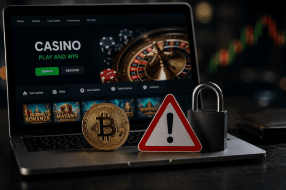 Laptop z krypto kasynem, symbolem Bitcoin, ikoną ostrzeżenia i kłódką pokazujący ryzyko nieuczciwych kasyn