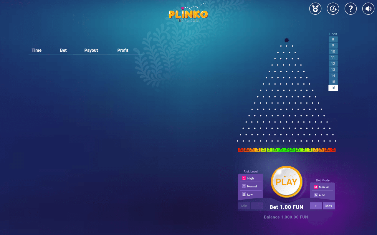 Demo Plinko od BGaming, 21 lipca 2026, ustawione na 16 rzędów i wysokie ryzyko, ze skrajnymi przegródkami x1000 i środkowymi x0,2