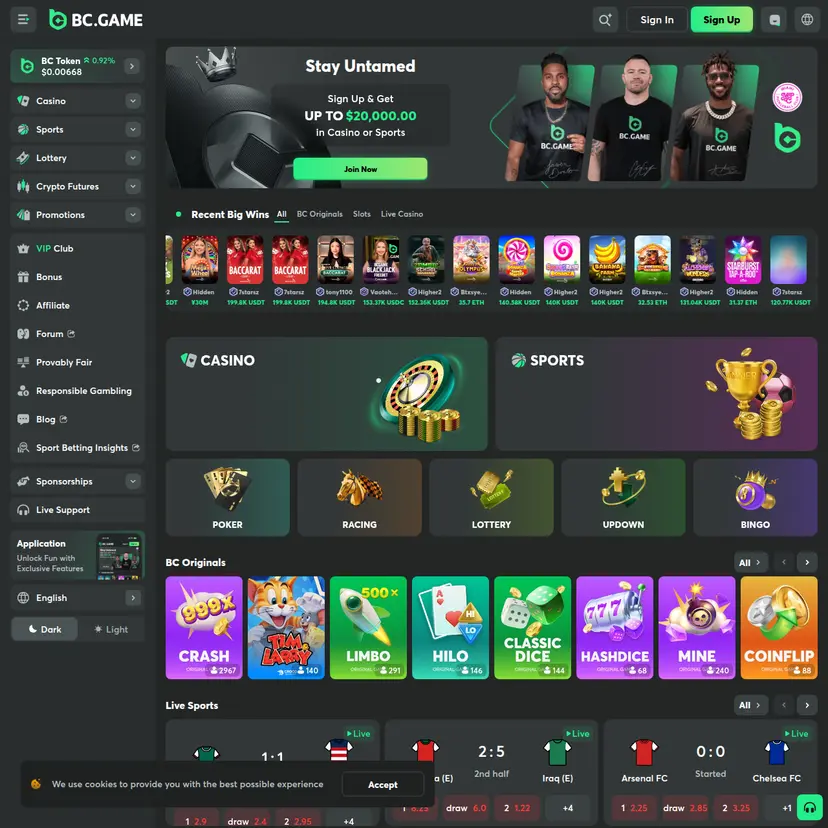 strona główna BC.Game i wygląd platformy