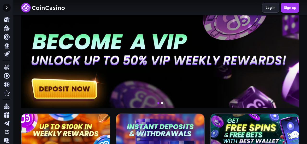 Strona główna CoinCasino prezentująca ofertę gier i design kasyna