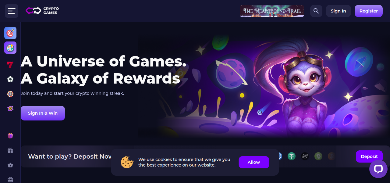 Zrzut ekranu strony głównej Crypto-Games prezentujący ofertę gier i design kasyna