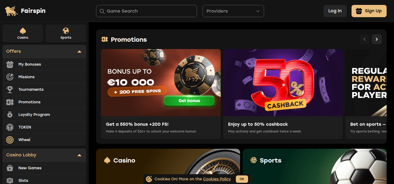 wygląd strony głównej fairspin