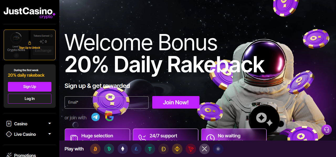 Zrzut ekranu strony głównej JustCasino z widokiem na ofertę gier i design