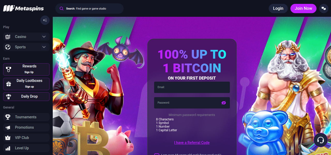 Zrzut ekranu strony głównej Metaspins prezentujący ofertę gier i design kasyna