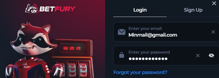Formularz logowania w crypto casino BetFury z polami na adres e-mail i hasło oraz zakładkami Login i Sign Up.