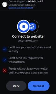 Żądanie podpisu w Coinbase Wallet pokazujące adres portfela 0x24a0…2cAF z prośbą o pozwolenie na połączenie ze stroną, z przyciskami Deny i Connect.